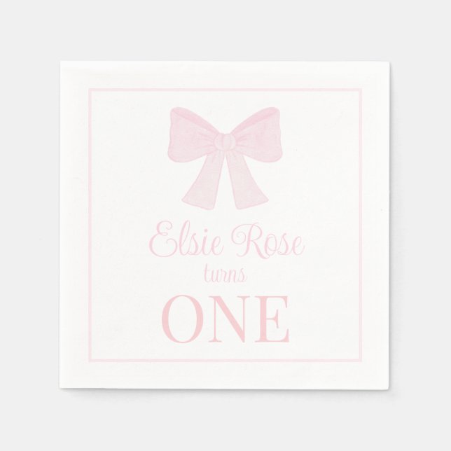 Preppy Pink Bow Grandmillennial First Birthday Napkins (Front)