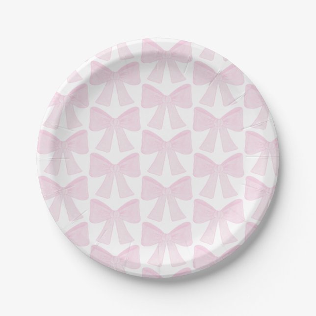 Preppy Pink Bow Grandmillennial First Birthday Paper Plates (Front)