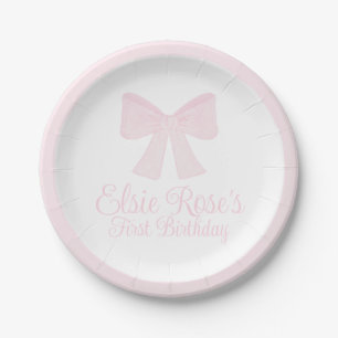 Preppy Pink Bow Grandmillennial First Birthday Paper Plates