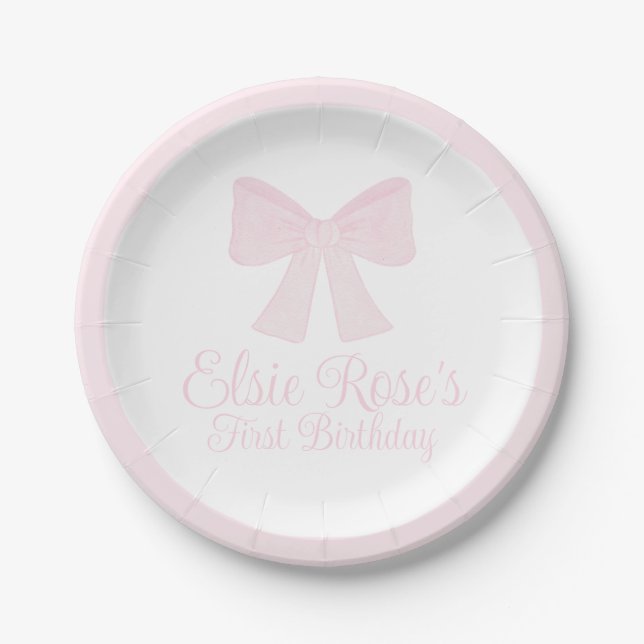 Preppy Pink Bow Grandmillennial First Birthday Paper Plates (Front)
