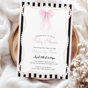 Preppy pink bow pearls grandmillenial baby shower invitation