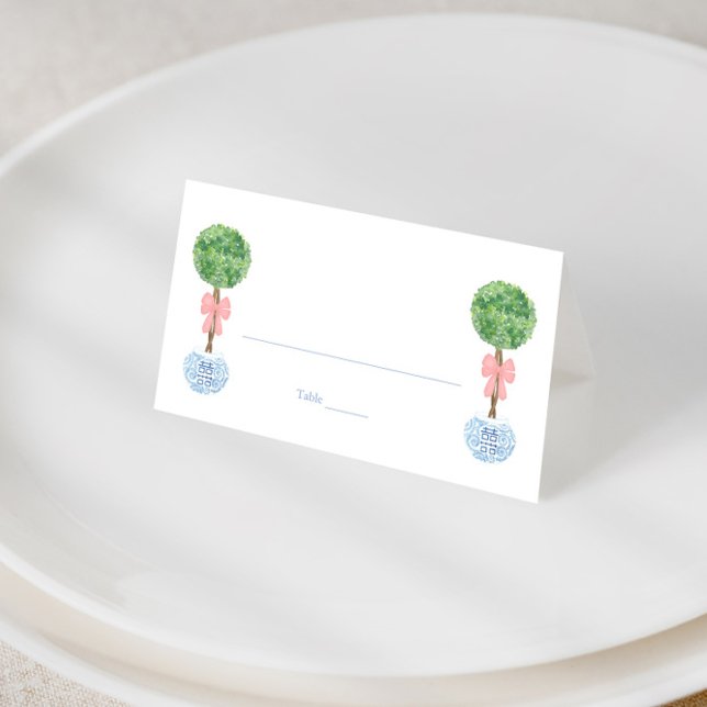 Preppy Pink Bow Topiary Girl Baby Shower Brunch Place Card (Elegant boxwood topiary balls with pink bow place cards for baby girl shower or wedding)