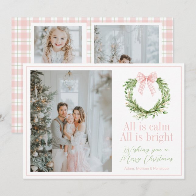 Preppy Pink Bow Wreath Plaid Christmas Holiday Card (Front/Back)