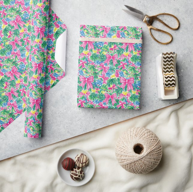 Preppy Pink Bows and Garland Christmas Wrapping Paper (Crafts)