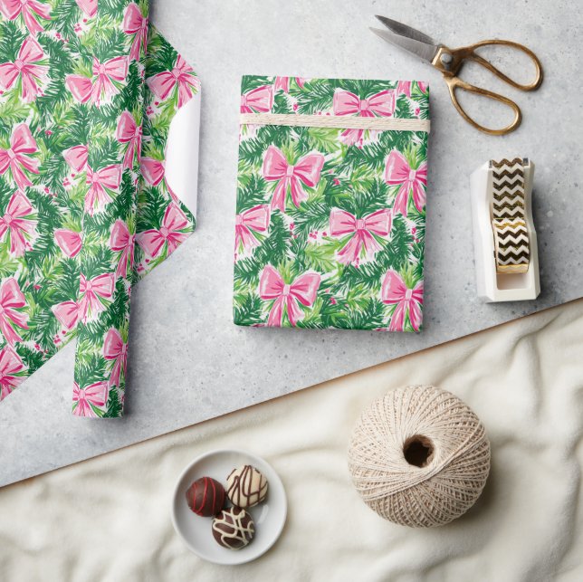 Preppy Pink Bows and Garland Christmas Wrapping Paper (Crafts)