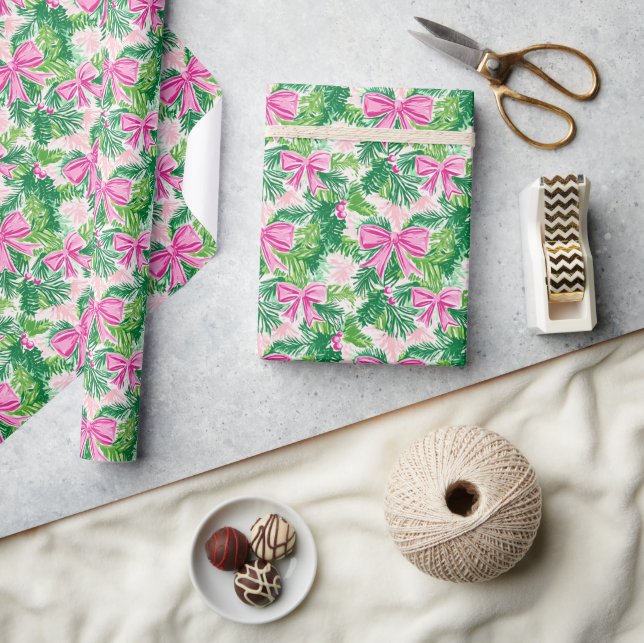 Preppy Pink Bows and Garland Christmas Wrapping Paper (Crafts)