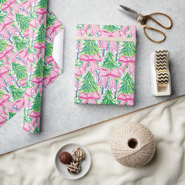 Preppy Pink Bows and Garland Christmas Wrapping Paper (Crafts)