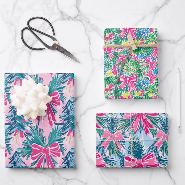 Preppy Pink Bows and Garland Christmas Wrapping Paper Sheets (Front)