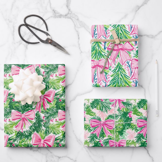 Preppy Pink Bows and Garland Christmas Wrapping Paper Sheets (Front)