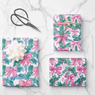 Preppy Pink Bows and Garland Christmas Wrapping Paper Sheets