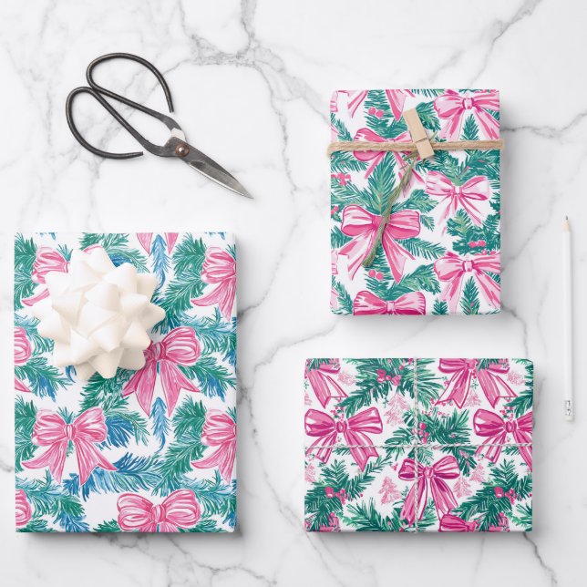 Preppy Pink Bows and Garland Christmas Wrapping Paper Sheets (Front)