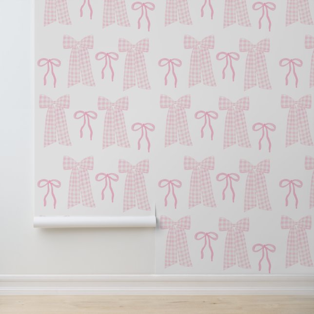 Preppy Pink Bows Coquette Pink Nursery Wallpaper (Application)