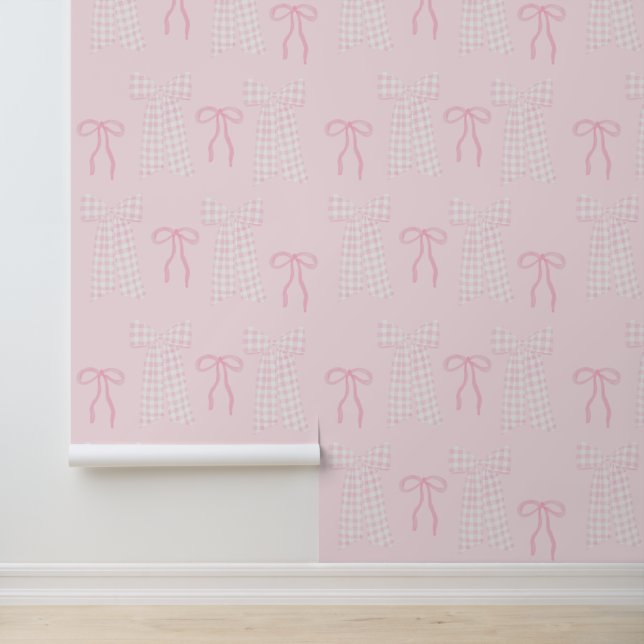 Preppy Pink Bows Coquette Pink Nursery Wallpaper Wallpaper (Application)