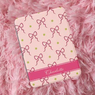 Preppy Pink Bows Green Polka Dots Custom Name Kindle Cover