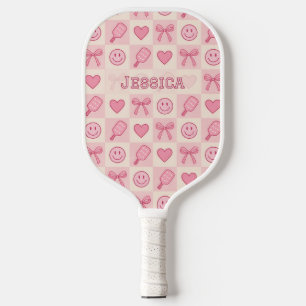 Preppy Pink Checkerboard Bows & Smiles Pickleball Paddle