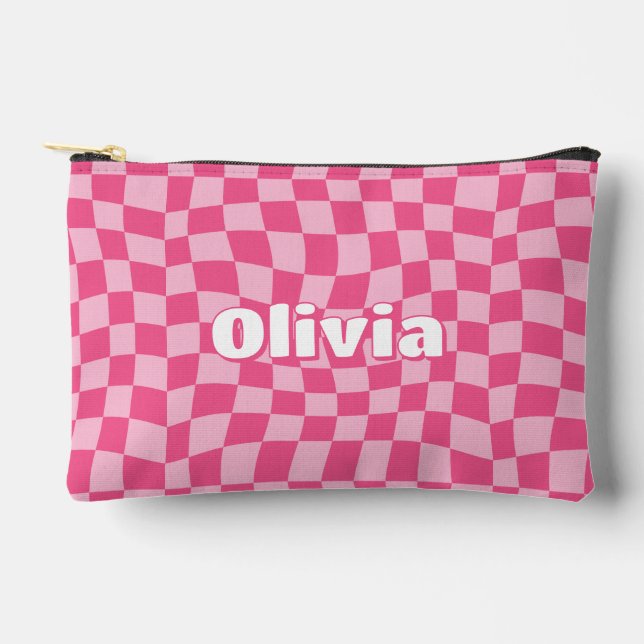 Preppy Pink Checkered Pencil Case Accessory Pouch (Front)