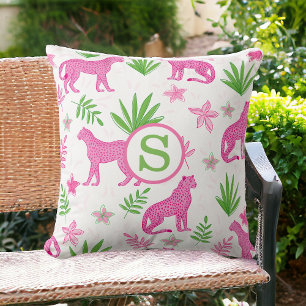 Preppy Pink Cheetah Floral Monogram Throw Pillow