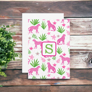 Preppy Pink Cheetah Monogram / Floral Greenery  Thank You Card