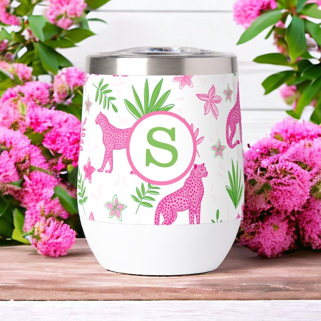 Preppy Pink Cheetah Monogram / Foliage & Flowers Thermal Wine Tumbler (Creator Uploaded)