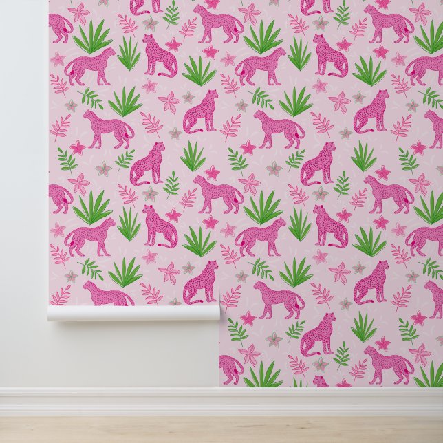 Preppy Pink Cheetah Pink Floral Background Wallpaper (Application)
