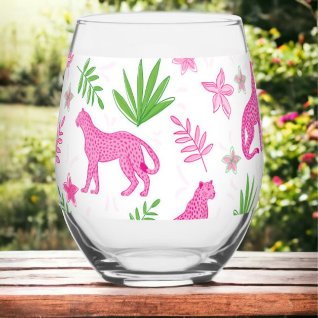 Preppy Pink Cheetah  Stemless Wine Glass (Creator Uploaded)