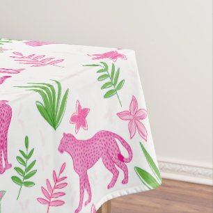 Preppy Pink Cheetah White Floral Background Tablecloth