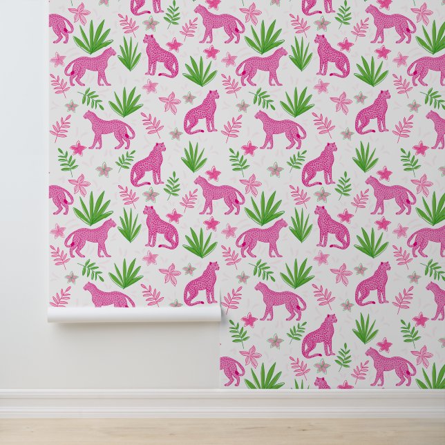 Preppy Pink Cheetah White Floral Background Wallpaper (Application)