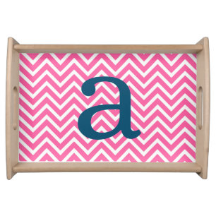 Preppy Pink Chevron Initial Monogram Serving Tray