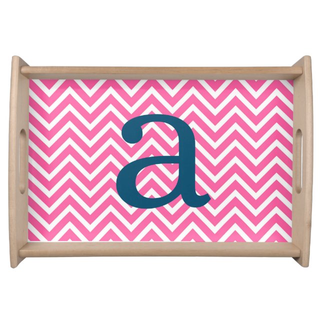 Preppy Pink Chevron Initial Monogram Serving Tray (Front)
