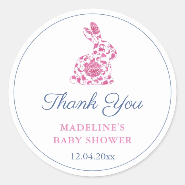 Preppy Pink Chinoiserie Bunny Baby Shower Favor Classic Round Sticker (Front)