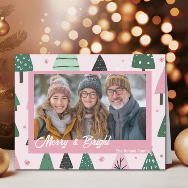 Preppy Pink Christmas Tree Holiday Photo Card (Pink and Green Christmas Tree Folded Holiday Photo)