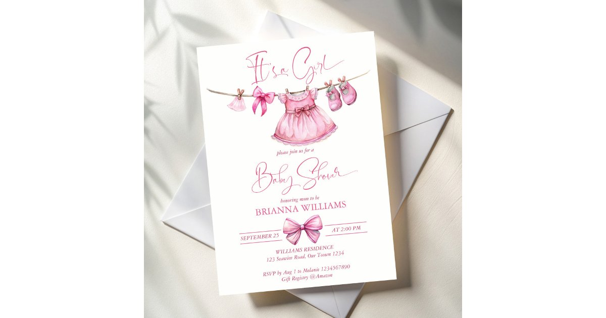 Preppy pink clothes on a line girls baby shower invitation | Zazzle