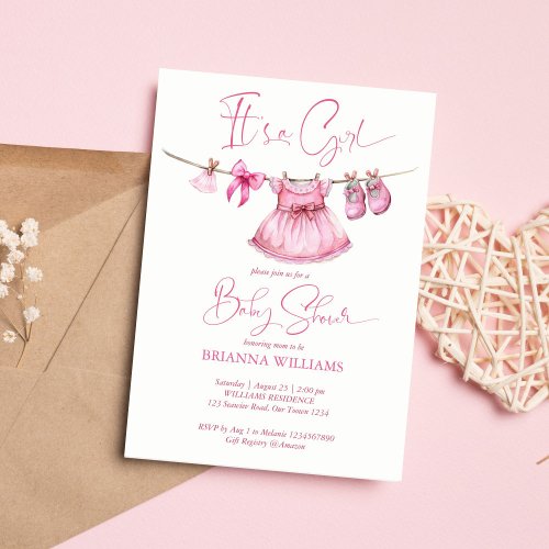 Preppy pink clothes on a line girls baby shower invitation
