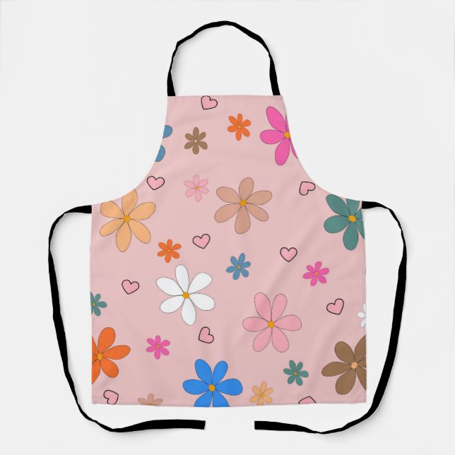 Preppy Pink Colorful Flower Heart Y2K Pattern Apron (Front)