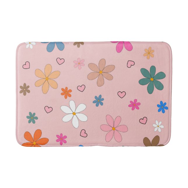 Preppy Pink Colorful Flower Heart Y2K Pattern Bath Mat (Front)