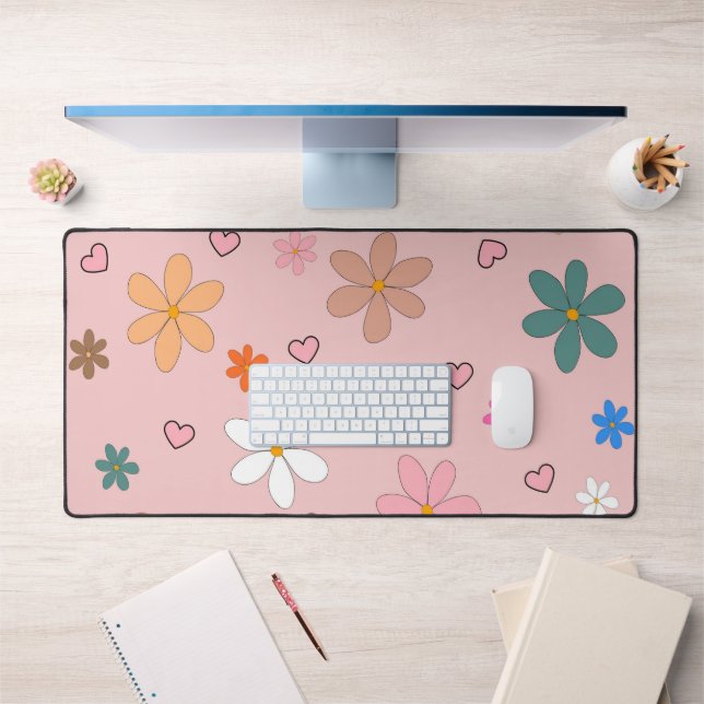 Preppy Pink Colorful Flower Heart Y2K Pattern Desk Mat (Office 1)