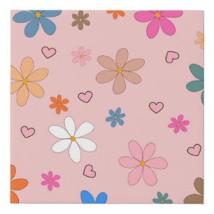 Preppy Pink Colorful Flower Heart Y2K Pattern Faux Canvas Print