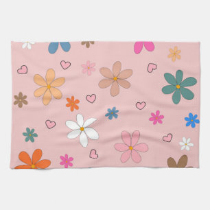 Preppy Pink Colorful Flower Heart Y2K Pattern Kitchen Towel