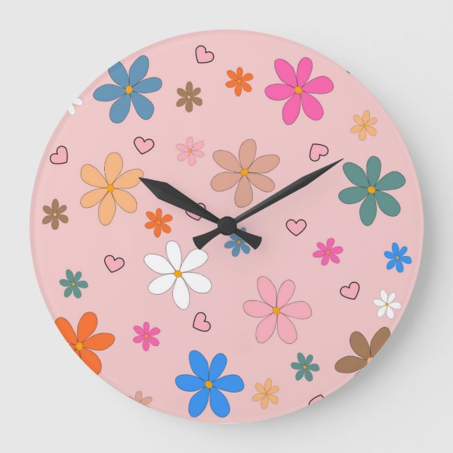 Preppy Pink Colorful Flower Heart Y2K Pattern Large Clock (Front)