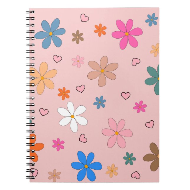 Preppy Pink Colorful Flower Heart Y2K Pattern Notebook (Front)