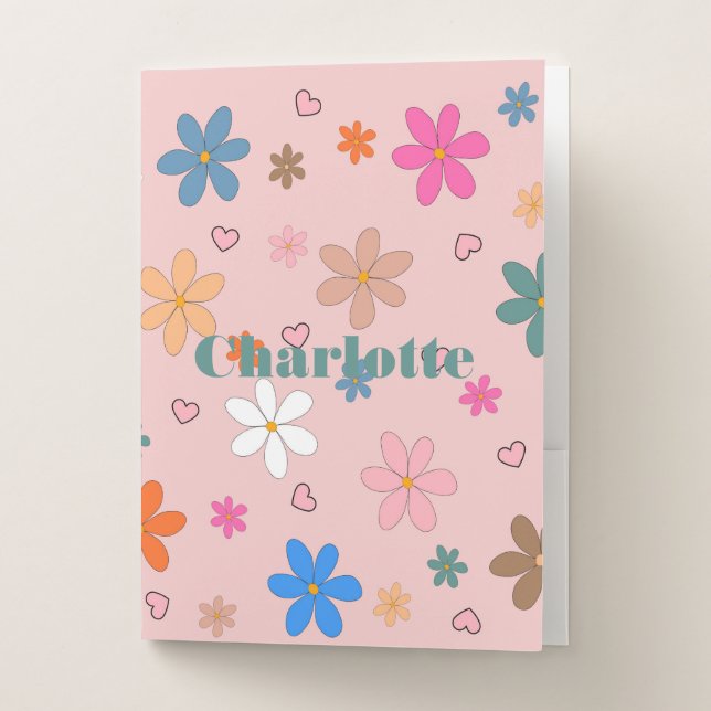 Preppy Pink Colorful Flower Heart Y2K Pattern Pocket Folder (Front)