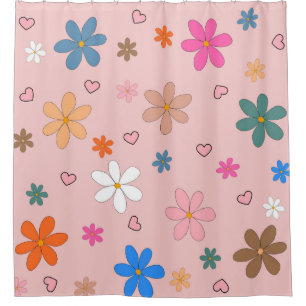Preppy Pink Colorful Flower Heart Y2K Pattern Shower Curtain