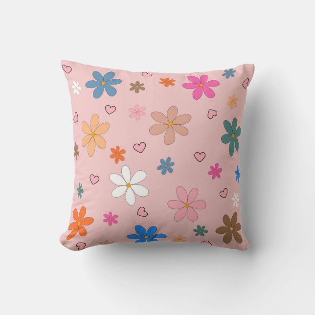 Preppy Pink Colorful Flower Heart Y2K Pattern Throw Pillow (Front)