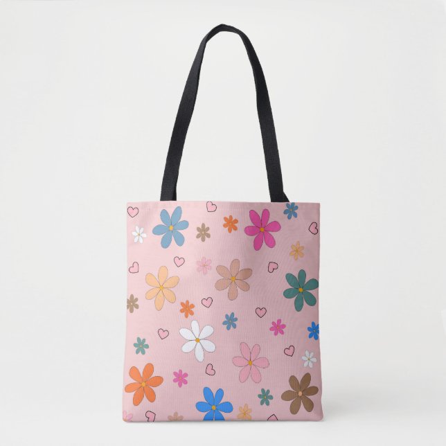 Preppy Pink Colorful Flower Heart Y2K Pattern Tote Bag (Front)