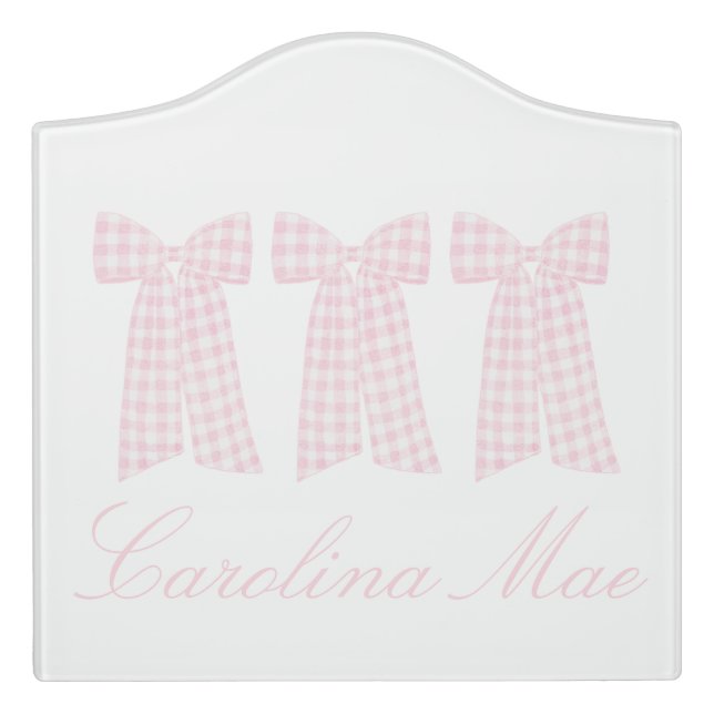 Preppy Pink Coquette Gingham Bows Door Sign (Large Crest Front)