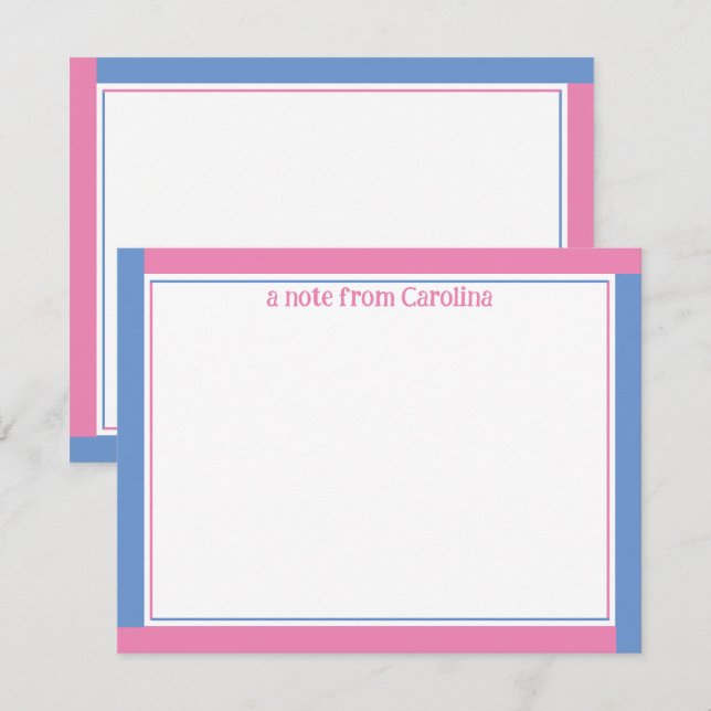 Preppy Pink & Cornflower Blue Name Stationery Note Card (Front/Back)