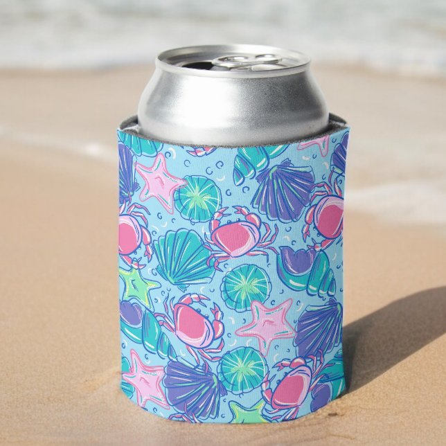 Preppy Pink Crabs & Shells Coastal Beach Blue  Can Cooler (Creator Uploaded)