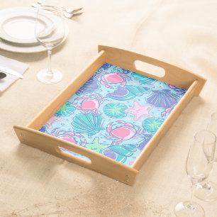 Preppy Pink Crabs Shells Jellyfish Coastal Serving Tray
