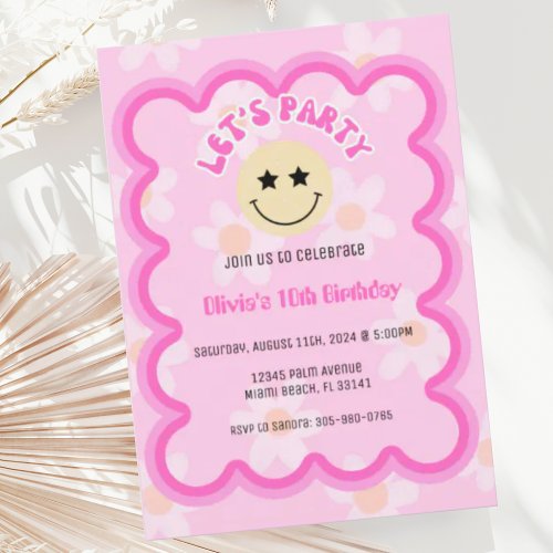 Preppy Pink Daisy Y2K Happy Face Party Birthday Invitation