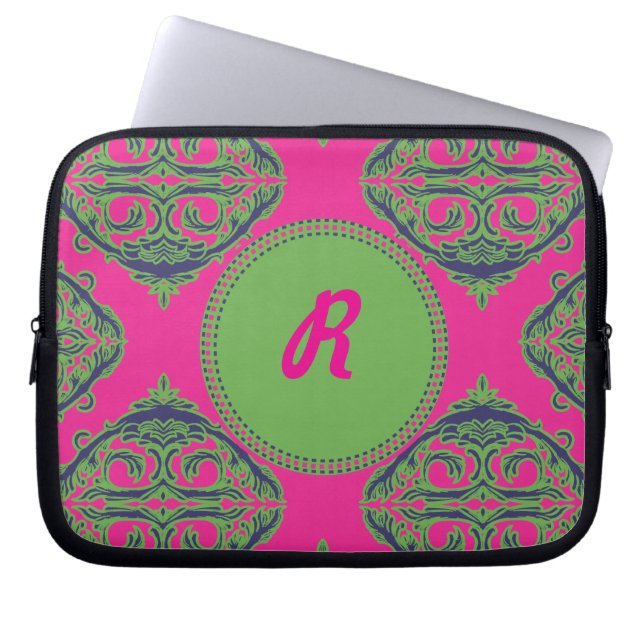 Preppy Pink Damask Laptop Sleeve (Front)